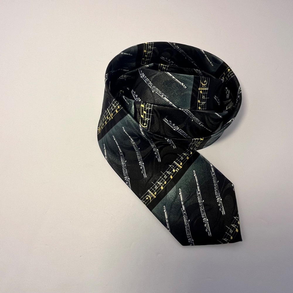 Steven Harris Hand Made Men's Necktie Black,Gold,Silver. Music Notes/Instrument.